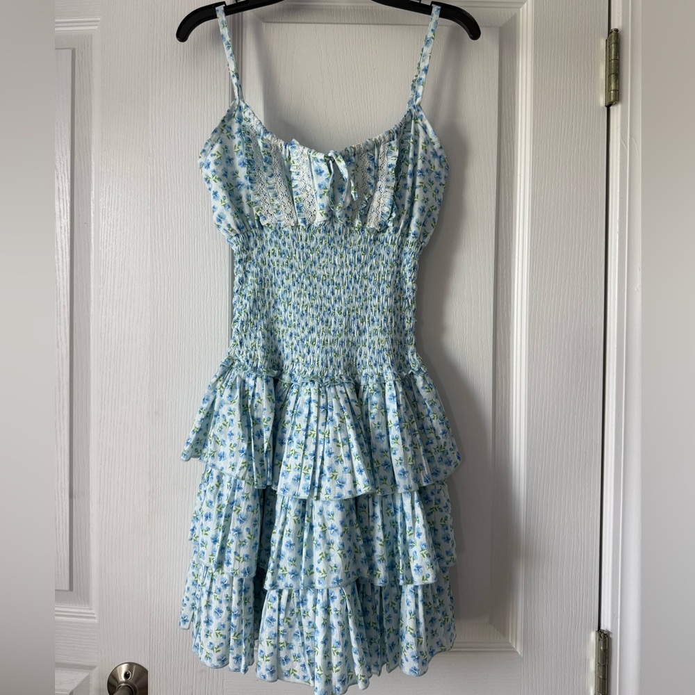 CB Positano Floral Blue Tiered Dress